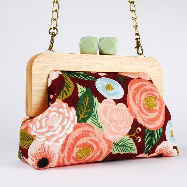 Wooden frame clutch bag with chain strap - Juliet rose in burgndy  - Color wooden trip purse / Japanese fabric / Kisslock pouch Clasp bag