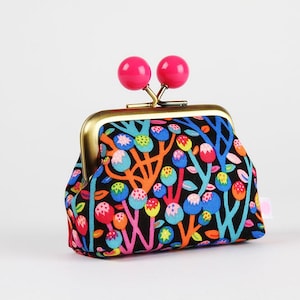 Metal frame coin purse with color bobbles - Lagom in night - Color mum / Monika Forsberg / Kisslock fabric wallet / blue pink purple buds