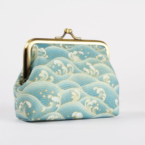 Deep dad - Japanese waves in sea blue and gold - metal frame change purse