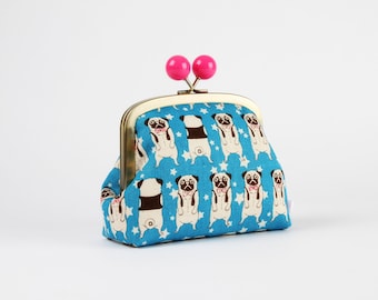 Metal frame clutch bag - Cute pugs on blue - Color bobble purse / Japanese fabric / Kisslock cosmetic case / pink stars