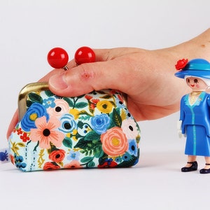 Metal frame coin purse with color bobbles Petite garden party in blue Color mum / Rifle Paper / kisslock fabric wallet / red flowers image 6