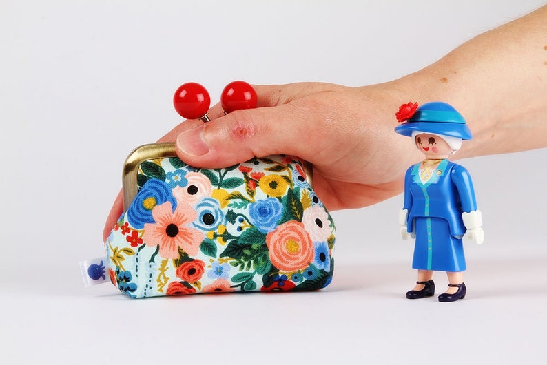 Metal frame coin purse with color bobbles Petite garden party in blue Color mum / Rifle Paper / kisslock fabric wallet / red flowers image 6