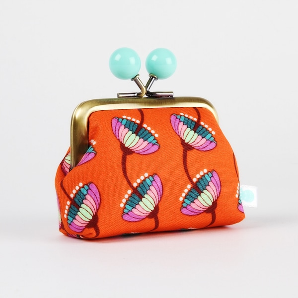 Metal frame coin purse with color bobbles - Bell ringer in tangerine - Color mum / Anna Maria Horner / Kiss lock fabric wallet / flowers