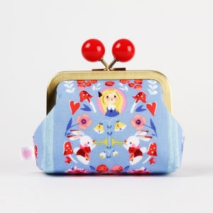 Metal frame coin purse with color bobble - Alice mad stripe in blue - Color dad / kiss lock fabric wallet / Alice in WOnderland