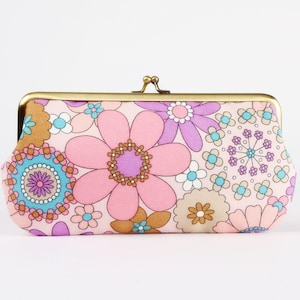Frame purse with two sections - Vintage flowers in pink and purple - Wowlet / Kisslock japanese fabric wallet / Cell phone purse