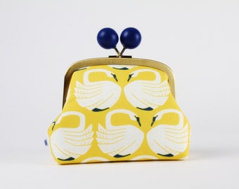 Metal frame clutch bag - Loving swans in sundance - Color wooden bobble purse / Kisslock fabric purse / Loes Van Oosten / blue yellow