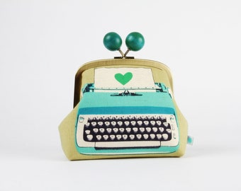 Metal frame clutch bag - Typewriter in green - Color wooden bobble purse /  Kisslock cosmetic case / sage green turquoise / Melody Miller