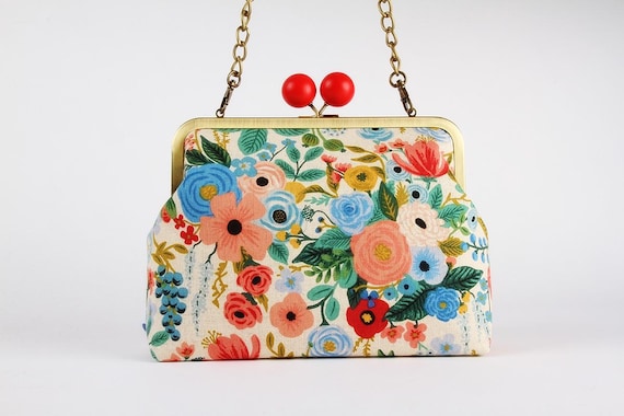 Metal Frame Purse With Shoulder Strap Garden Party Canvas Blue