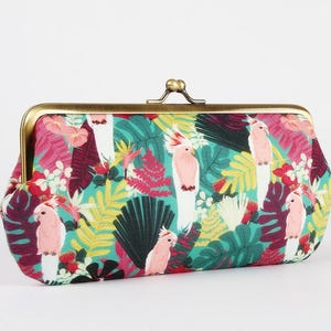 Eyeglass frame purse - Pink parakeets - Long purse / Eyeglass fabric case / Cell phone purse / Tropical kisslock wallet / Parrots