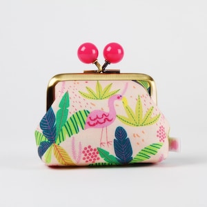 Metal frame coin purse with color bobbles - Flamingo and palm trees - Color mum / Cute fabric wallet / Little coin purse / Tropical