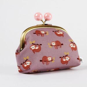 Metal frame coin purse with color bobbles - Little sloths on gray - Color smile / Kiss lock fabric wallet / clasp purse / lime green pink