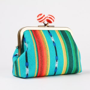 Kiss lock fabric wallet with color bobble Ethnic striped Big pop-up / Double metal frame purse / Two sections wallet image 2