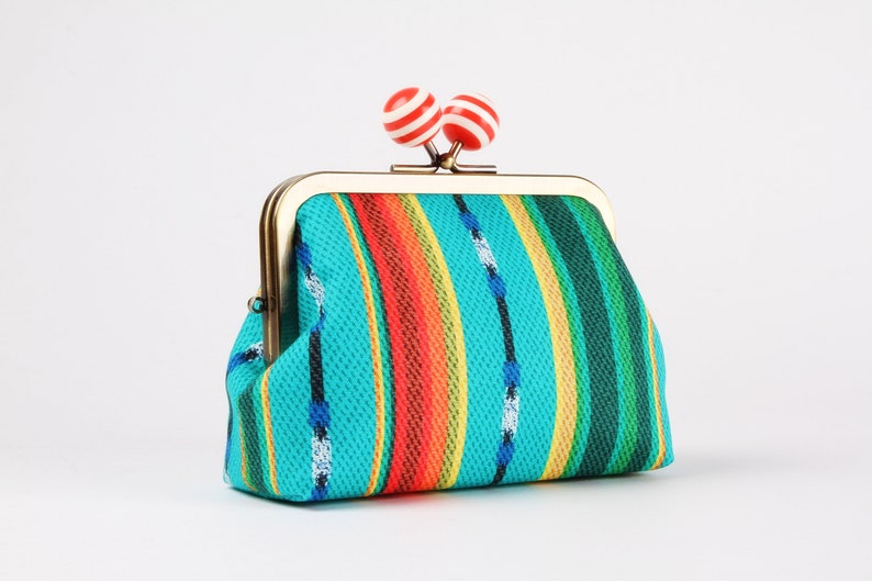 Kiss lock fabric wallet with color bobble Ethnic striped Big pop-up / Double metal frame purse / Two sections wallet image 2