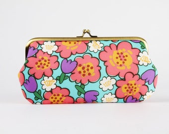 Eyeglass frame purse - Cartoon flowers on blue - Long purse / Eyeglass fabric case / Cell phone purse / Kisslock wallet / pink green