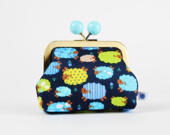 Metal frame coin purse with color bobble - Blue sheep - Color dad / Kisslock fabric wallet / Japanese fabric / green yellow navy