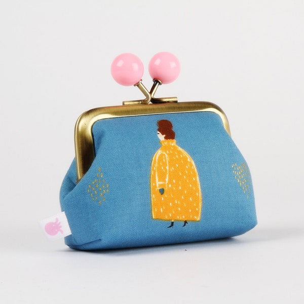 Metal frame coin purse with color bobbles - Coat ladies denim - Color mum / Cotton and Steel / Kisslock fabric wallet / pink yellow