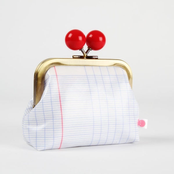 Metal frame coin purse with color bobble - Notebook // Laminated - Color dad / Coated cotton / School / red white blue lines Pupil / Winter