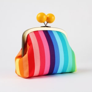 Metal frame clutch bag - Rainbow stripes - Color wooden bobble purse / Kisslock fabric purse / Rainbow patchwork purse