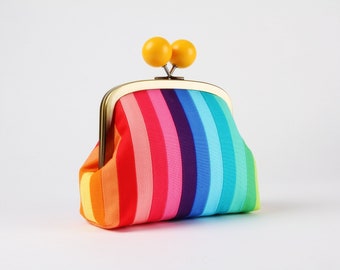 Metal frame clutch bag - Rainbow stripes - Color wooden bobble purse / Kisslock fabric purse / Rainbow patchwork purse