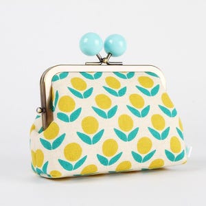 Kiss lock fabric wallet with color bobble - Stamped flowers in teal and yellow - Big pop-up / Double metal frame purse / Ellen Baker