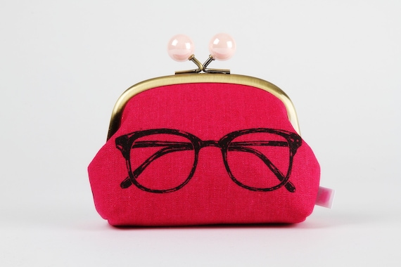 Metal frame coin purse with color bobbles - Glasses in pink - Color smile / Kiss lock fabric wallet / Echino / realistic eyeglasses