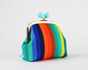 Metal frame clutch bag - Oasis stripes - Color bobble purse / Kisslock fabric purse / Rainbow patchwork purse