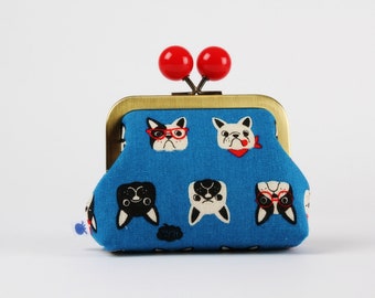 Metal frame coin purse with color bobble - Boston terrier on blue - Color dad / Kisslock fabric wallet / Japanese fabric / little dogs