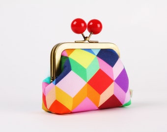 Metal frame coin purse with color bobble - Cubes in multi - Color dad / Annabel Wrigley / kiss lock fabric wallet