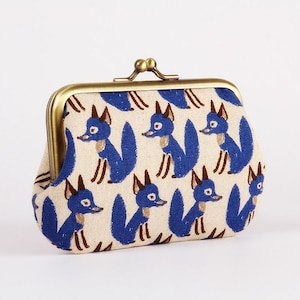 Metal frame purse with two sections - Big foxes in blue - Little siamese / Kisslock wallet / Japanese fabric