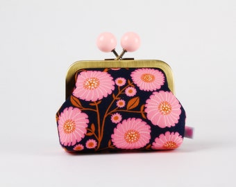 Metal frame coin purse with color bobble - Strawflower in navy - Color dad / Kisslock fabric wallet / Jen Hewett / neon pink ochre