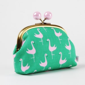 Metal frame coin purse with color bobbles - Flamingo on green - Color smile / Kiss lock fabric wallet / Tropical birds / pink green bay