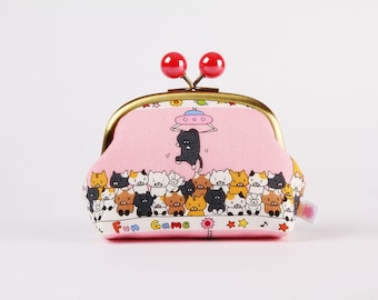 Metal frame coin purse with color bobbles - Cat catcher in pink - Color smile / Kisslock fabric wallet / Kawaii japanese fabric