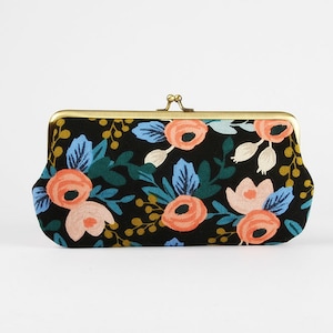 Frame purse with two sections - Rosa black canvas - Wowlet / Kisslock fabric wallet / Cotton and Steel / Rifle Paper Co / Pink blue white