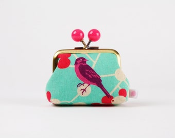 Metal frame coin purse with color bobbles - Birds and berries in aqua green - Color mum / Echino / Kisslock fabric wallet