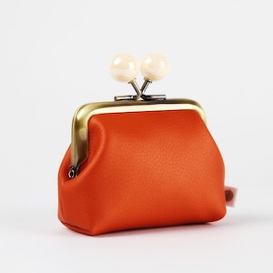 Metal frame coin purse with color bobbles - Pearly dark orange - Color mum in textured faux leather / Kisslock wallet