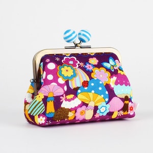 Kiss lock fabric wallet with color bobble - Retro mushrooms in purple - Big pop-up / Double metal frame purse / Two sections wallet