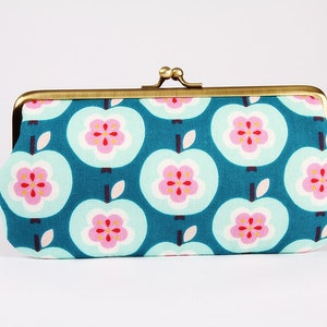 Frame purse with two sections - Retro apples in teal - Wowlet / Kisslock fabric wallet / Japanese fabric