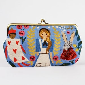 Frame purse with two sections - Wonderland in periwinkle - Big wowlet / Kisslock fabric wallet / Cotton and Steel / Rifle Paper Co / Alice