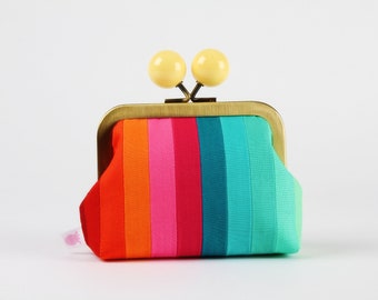 Metal frame coin purse with color bobble - Tropical stripes - Color dad / Rainbow patchwork / kisslock fabric wallet