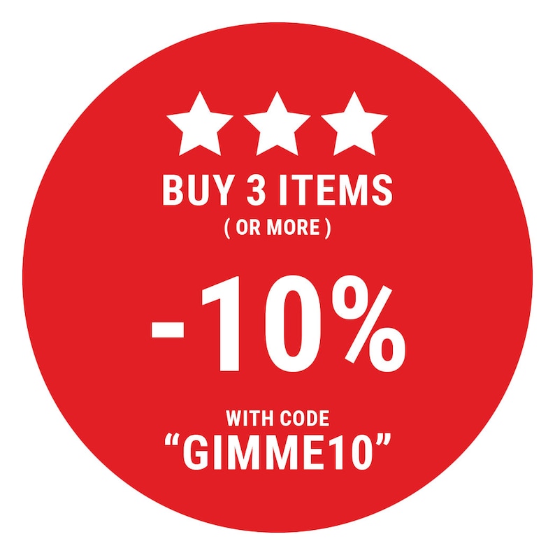 May include: Red circle with white text and stars. Buy 3 items or more and get 10% off with code "GIMME10".