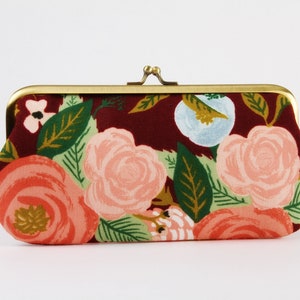 Eyeglass frame purse - Juliet rose in burgundy - Long purse / Eyeglass fabric case / Cell phone purse /  Rifle Paper / pink blue flowers