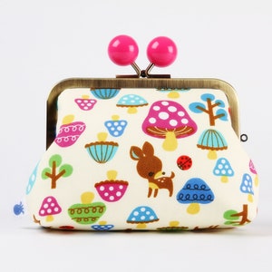 Kiss lock fabric wallet with color bobble - Cute deer and mushrooms in blue - Big pop-up / Double metal frame purse