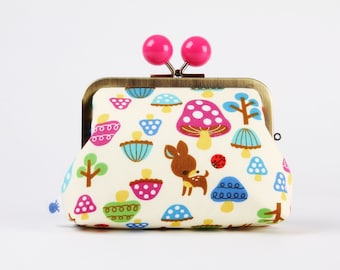 Kiss lock fabric wallet with color bobble - Cute deer and mushrooms in blue - Big pop-up / Double metal frame purse