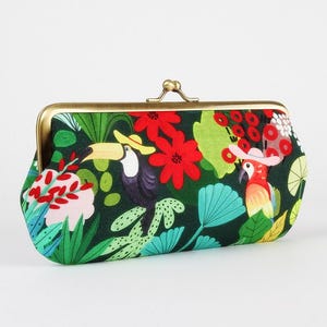 Eyeglass frame purse - Tropical birds with hats - Long purse / Eyeglass fabric case / Cell phone purse / Kisslock wallet / parrot  green red