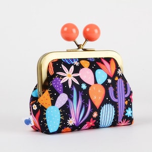 Metal frame coin purse with color bobble - Cosmic cacti in night sky - Color dad / kiss lock fabric wallet / Cosmic cowboy