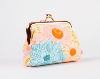 Clasp frame purse - Salon floral in peach cream - Big dad rosegold / Melody Miller / Kisslock fabric wallet / orange blue pink