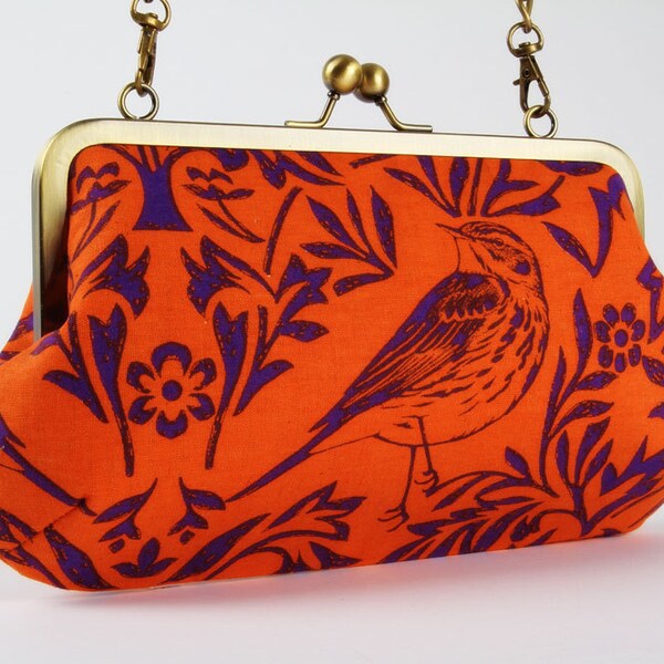 Metal frame purse with shoulder strap - Love birds on neon orange - Little handbag / Echino / bright purple leaves and branches / floral