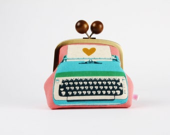 Metal frame clutch bag - Typewriter in merry - Color wooden bobble purse /  Kisslock cosmetic case / pink turquoise green / Melody Miller