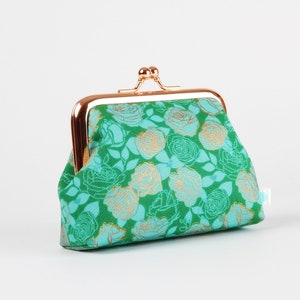 Clasp frame purse - Roses in billiard metallic - Big dad rosegold / Melody Miller / Kisslock fabric wallet / ocean blue green flowers