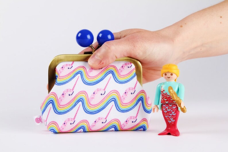 Mystical narwhal white Color dad Katy Tanis northern seas pink yellow Metal frame coin purse with color bobble